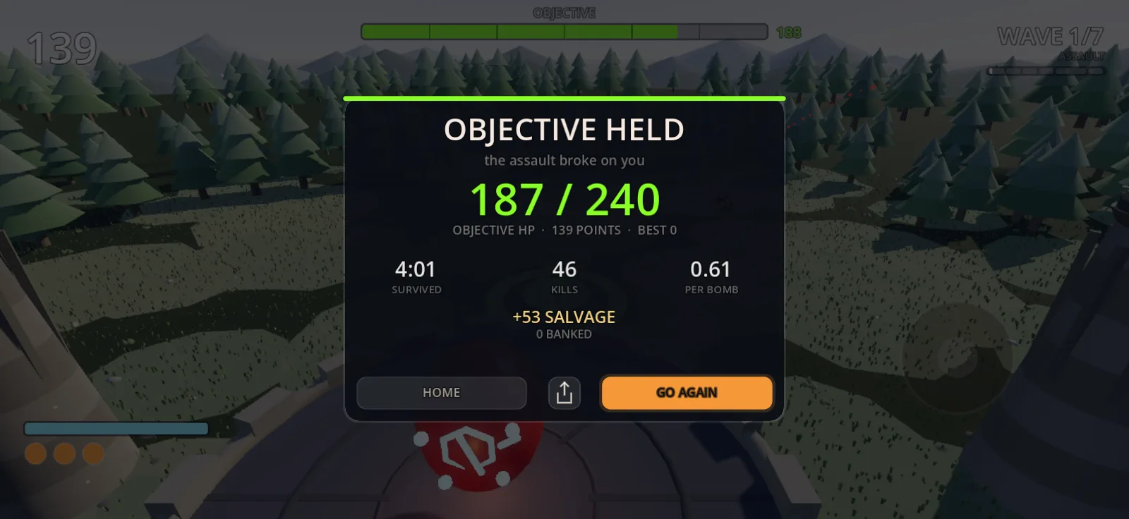 The OBJECTIVE HELD card, graded on remaining objective health, with kills per bomb