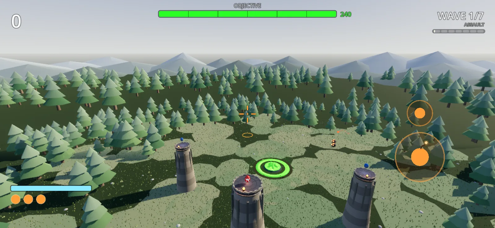 The wide establishing view: three towers on a green field against a treeline